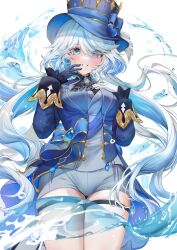 Rule 34 | 1girl, absurdres, asymmetrical gloves, black gloves, blue eyes, blue hair, blue hat, blue jacket, commentary request, cowboy shot, dasha, furina (genshin impact), genshin impact, gloves, grey shorts, grin, hat, highres, jacket, long hair, long sleeves, looking at viewer, mismatched gloves, short shorts, shorts, smile, solo, standing, thigh strap, thighs, top hat, very long hair, white background, white gloves