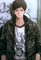 Rule 34 | 1boy, against wall, alternate costume, aomine daiki, black jacket, blue eyes, blue hair, closed mouth, dark-skinned male, dark skin, expressionless, graffiti, highres, jacket, kuroko no basuke, leather, leather jacket, looking to the side, male focus, open clothes, open jacket, pocket, print shirt, shadow, shirt, short hair, sleeves rolled up, solo, standing, wall, white shirt, xuan zhi yue ying, zipper