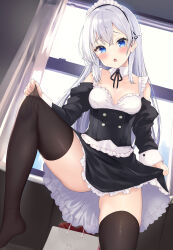 Rule 34 | 1girl, :o, absurdres, apron, backlighting, bag, bare shoulders, black skirt, black thighhighs, blue eyes, blush, box, breasts, commentary request, curtains, detached sleeves, frilled apron, frilled skirt, frills, grey hair, hair between eyes, heart-shaped box, highres, indoors, juliet sleeves, long hair, long sleeves, looking at viewer, maid, maid headdress, medium breasts, no shoes, ochinsama, open mouth, original, panties, panty peek, paper bag, puffy sleeves, shirt, skirt, sleeves past wrists, solo, sunlight, thighhighs, transparent, underwear, very long hair, white apron, white panties, white shirt, window