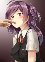 Rule 34 | 10s, 1boy, 1girl, ahoge, blouse, blush, breasts, brown eyes, finger in another&#039;s mouth, finger sucking, hagikaze (kancolle), highres, kamelie, kantai collection, lips, long hair, neck ribbon, out of frame, pink background, purple hair, red ribbon, ribbon, saliva, school uniform, shirt, short sleeves, side ponytail, vest, white shirt