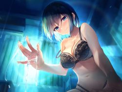 Rule 34 | 1girl, absurdres, bare shoulders, black bra, black hair, black panties, blue eyes, blush, bra, breasts, cleavage, closed mouth, curtains, earrings, highres, indoors, jewelry, lace, lace-trimmed bra, lace trim, large breasts, looking at viewer, maeshimashi, navel, official art, original, panties, short hair, smile, solo, suggestive fluid, underwear, underwear only, window