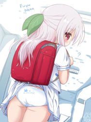 Rule 34 | 1girl, ?, accidental exposure, ass, backpack, bag, blonde dog girl (ri-net), blush, clothes lift, clothes writing, english text, from behind, fuyuno usako, grey hair, hair between eyes, hair ornament, highres, indoors, leaf hair ornament, long hair, looking at viewer, looking back, original, panties, pleated skirt, ponytail, puffy short sleeves, puffy sleeves, randoseru, red eyes, ri-net, sailor collar, school uniform, serafuku, shirt, short sleeves, skirt, skirt caught on object, skirt lift, solo, standing, underwear, white panties, white sailor collar, white serafuku, white shirt, white skirt