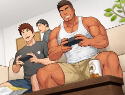 Rule 34 | 2boys, age difference, bara, brown eyes, brown hair, can, couch, living room, male focus, multiple boys, muscular, sakuramarusan, size difference, smaller dominant, tagme, yaoi
