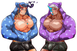 Rule 34 | 2boys, abs, alternate costume, bara, bare pectorals, black male underwear, blue hair, blue hoodie, blue jacket, blush, boxers, broken horn, bulge, bursting pectorals, dark-skinned male, dark blue hair, dark skin, demon horns, facial hair, fang, fiery horns, half mask, highres, hood, hood up, hoodie, horned mask, horns, jacket, jewelry, kizami nori to yamaimo, large pectorals, long sideburns, looking at viewer, male focus, male underwear, mask, mature male, monster boy, multiple boys, muscular, muscular male, necklace, nipples, no pupils, oni mask, open clothes, open jacket, partially unbuttoned, pectorals, purple hoodie, purple jacket, short hair, shuten douji (housamo), sideburns, single horn, stubble, takemaru (housamo), thick eyebrows, tokyo houkago summoners, underwear, white hair