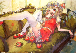 Rule 34 | 1girl, ascot, blonde hair, breasts, collared shirt, crystal, eating, flandre scarlet, foot out of frame, frilled shirt collar, frilled sleeves, frills, hat, hat ribbon, high heels, highres, liyou-ryon, medium hair, mob cap, multicolored wings, puffy short sleeves, puffy sleeves, red eyes, red footwear, red ribbon, red skirt, red vest, ribbon, shirt, short sleeves, skirt, skirt set, sleeve ribbon, small breasts, solo, thighhighs, tomato, touhou, vest, white hat, white shirt, white thighhighs, wings