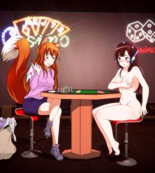 Rule 34 | animal ears, bag, bar (place), barefoot, blush, bodysuit, brown eyes, brown hair, card, chair, covering privates, covering breasts, crossover, d.va (overwatch), embarrassed, facepaint, feet, fox ears, fox tail, holo, nude, orange hair, overwatch, overwatch 1, panties, panties around one finger, playing card, poker chip, print panties, red eyes, sbel02, shoes, shorts, sneakers, spice and wolf, strip game, strip poker, table, tail, underwear, white panties, wolf ears, wolf tail