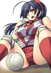 Rule 34 | 1girl, ahoge, alternate hairstyle, ass, ball, bandages, black eyes, black hair, breasts, brown eyes, clip studio paint (medium), commentary request, girls und panzer, hair ribbon, isuzu hana, knee pads, large breasts, leaning back, long hair, one eye closed, open mouth, panties, panties under shorts, panty peek, ponytail, red shirt, red shorts, ribbon, shinshin, shirt, short shorts, shorts, simple background, sitting, sleeveless, sleeveless shirt, solo, sportswear, spread legs, teeth, thighs, underwear, upper teeth only, volleyball, volleyball (object), volleyball uniform, white background, white panties, wooden floor