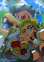 Rule 34 | 1girl, artist name, black shorts, blonde hair, blue eyes, blurry, blurry background, bulging eyes, colored sclera, commentary request, day, dolphin shorts, earpiece, eyebrow cut, fangs, grin, hanako515 ika, hand up, highres, inkling, inkling girl, inkling player character, looking at viewer, lower teeth only, nintendo, open mouth, outdoors, pointy ears, reaching, reaching towards viewer, red eyes, salmonid, selfie, shirt, short bangs, short hair, short sleeves, shorts, smallfry (splatoon), smile, splatoon (series), splatoon 3, taking picture, teeth, tentacle hair, torn clothes, torn shirt, two-tone eyes, v-shaped eyebrows, w, watermark, white footwear, white shirt, yellow sclera