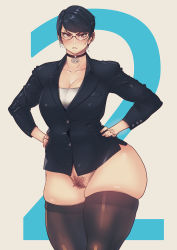 Rule 34 | 1girl, angry, black hair, black jacket, black thighhighs, blue background, blush, bottomless, breasts, brown eyes, butcherboy, choker, cleavage, cleft of venus, collarbone, female pubic hair, glasses, hands on own hips, highres, jacket, large breasts, long sleeves, looking at viewer, office lady, original, parted lips, pubic hair, shirt, short hair, solo, standing, sweatdrop, teeth, thighhighs, white shirt