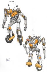 Rule 34 | character sheet, from above, highres, kasahara tetsurou, mecha, multiple views, no humans, official art, open hands, rideback, robot, science fiction, standing, wheel, white background