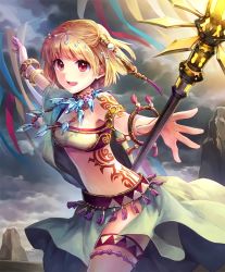 Rule 34 | 1girl, artist request, banner, blonde hair, bracelet, crystal, cygames, hair ornament, jewelry, looking at viewer, necklace, official art, radiant shaman, red eyes, revealing clothes, shadowverse, shingeki no bahamut, short hair, smile, solo, staff, strapless, tattoo, thigh strap, tribal tattoo, tube top