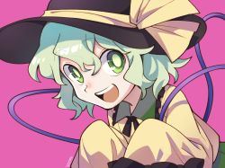 Rule 34 | 1girl, black hat, black neckwear, blouse, bow, collar, frills, green collar, green eyes, green hair, green skirt, hair between eyes, hat, hat bow, highres, holding, komeiji koishi, long sleeves, looking at viewer, open mouth, pink background, shikido (khf), shirt, simple background, skirt, smile, solo, teeth, tongue, touhou, upper body, yellow bow, yellow shirt, yellow sleeves