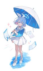 Rule 34 | 1girl, arona (blue archive), blue archive, blue eyes, blue hair, blue halo, blue shirt, blue umbrella, bow hairband, braid, charm (object), colored inner hair, envelope, full body, hair over one eye, hairband, halo, highres, holding, holding umbrella, long sleeves, looking at viewer, manila envelope, multicolored hair, neckerchief, nuudoru, paper, pleated skirt, puffy long sleeves, puffy sleeves, sailor collar, shirt, shoes, short hair, short hair with long locks, simple background, single braid, skirt, smile, sneakers, solo, standing, umbrella, whale, white background, white footwear, white neckerchief, white sailor collar, white skirt, white umbrella, wind, wind lift