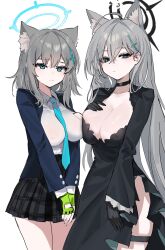 Rule 34 | 2girls, ahoge, animal ear fluff, animal ears, aqua necktie, asymmetrical docking, between breasts, black choker, black dress, black gloves, black jacket, blazer, blue archive, breast press, breasts, choker, cleavage, collarbone, covered erect nipples, cropped jacket, danbal, dress, dual persona, extra ears, fingerless gloves, gloves, grey hair, halo, hand on own chest, hand on own hip, highres, jacket, large breasts, long sleeves, looking at viewer, medium breasts, mismatched pupils, multiple girls, necktie, necktie between breasts, plaid, plaid skirt, pleated skirt, shiroko (blue archive), shiroko terror (blue archive), shirt, simple background, skirt, straight hair, thigh strap, white background, white shirt, wolf ears