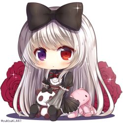 Rule 34 | 1girl, black bow, black dress, black footwear, blush, bow, brown pantyhose, chibi, closed mouth, commentary request, dress, flower, gothic lolita, hair bow, heterochromia, layered sleeves, lolita fashion, long hair, long sleeves, looking at viewer, original, pantyhose, puffy short sleeves, puffy sleeves, purple eyes, red eyes, red flower, red rose, rose, shoe soles, shoes, short over long sleeves, short sleeves, silver hair, sitting, solo, sparkle, stuffed animal, stuffed panda, stuffed rabbit, stuffed toy, very long hair, white background, wide sleeves, yukiyuki 441