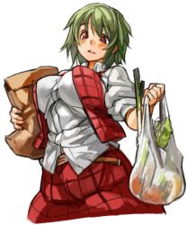 Rule 34 | 1girl, bag, belt, breasts, food, green hair, kazami yuuka, large breasts, looking down, parted lips, perky breasts, plaid, plaid skirt, plaid vest, puffy sleeves, red eyes, sachito, shirt, short hair, short sleeves, simple background, skirt, skirt set, solo, touhou, vest, white background