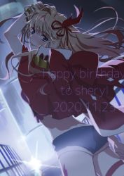 Rule 34 | 1girl, absurdres, blonde hair, blue shorts, bow, capelet, character name, dated, floating hair, from behind, gradient hair, hair ornament, happy birthday, head tilt, highres, huge bow, long hair, looking back, macross, macross frontier, macross frontier: itsuwari no utahime, multicolored hair, pink hair, pote-mm, red bow, red capelet, sheryl nome, short shorts, shorts, smile, solo, thigh strap
