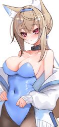 Rule 34 | 1girl, animal ear fluff, animal ears, belt collar, black collar, black pantyhose, blonde hair, blue hair, blue leotard, blush, breasts, cleavage, collar, covered navel, dog ears, dog girl, fuwawa abyssgard, highres, hololive, hololive english, jacket, large breasts, leotard, long hair, looking at viewer, multicolored hair, pantyhose, pink eyes, playboy bunny, ponytail, rifufu, sidelocks, solo, spiked collar, spikes, strapless, strapless leotard, streaked hair, virtual youtuber, white jacket