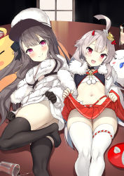 Rule 34 | 2girls, :d, ahoge, ass, azur lane, black gloves, black hair, black legwear, blunt bangs, blush, breast pocket, breasts, budget sarashi, buttons, character doll, closed mouth, clothes lift, coat, coat dress, commentary request, cowboy shot, cup, double-breasted, dress, dress lift, fur-trimmed coat, fur trim, gloves, gluteal fold, grey hair, groin, hair between eyes, hair ornament, hat, hibiki (azur lane), highres, horns, indoors, japanese clothes, kouhaku nawa, large breasts, lifted by self, long hair, long sleeves, looking at viewer, lying, manjuu (azur lane), meowfficer (azur lane), midriff, multiple girls, navel, ochinsama, on back, on side, on table, one side up, oni horns, open mouth, pamiat merkuria (azur lane), pleated skirt, pocket, pom pom (clothes), purple eyes, red eyes, red skirt, rope, sarashi, shimenawa, sidelocks, skindentation, skirt, skirt lift, smile, spill, table, textless version, thighhighs, tray, twisted torso, underbust, very long hair, white coat, white dress, white headwear, white legwear, zettai ryouiki