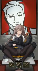 Rule 34 | 1boy, 1girl, absurdres, black pantyhose, brown eyes, burger, clothes lift, commentary request, feet, fingerless gloves, food, footjob, girls&#039; frontline, gloves, grey hair, hetero, highres, holding, holding food, jacket, kfc, knee pads, lifted by self, logo parody, long hair, no shoes, off shoulder, one side up, panties, pantyhose, pantyshot, parody, penis, pleated skirt, pussy juice, pussy juice stain, sawkm, scar, scar across eye, scar on face, shirt, sitting, skirt, skirt lift, spread legs, two-footed footjob, ump45 (girls&#039; frontline), underwear, user interface, vest, white shirt