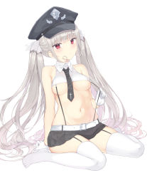 Rule 34 | 1girl, absurdres, bare arms, bare shoulders, belt, between breasts, black hat, black skirt, borrowed character, breasts, closed mouth, collared shirt, crop top, expressionless, feet, garter straps, gloves, groin, hair ornament, hat, highres, jyt, long hair, looking at viewer, medium breasts, midriff, miniskirt, navel, necktie, no bra, no shoes, original, peaked cap, pleated skirt, police hat, red eyes, shirt, short necktie, sidelocks, silver hair, sitting, skindentation, skirt, sleeveless, sleeveless shirt, solo, stomach, strap pull, suspenders, tenshi keisatsu, thighhighs, thighs, twintails, underboob, very long hair, wariza, white gloves, white shirt, white thighhighs, zettai ryouiki