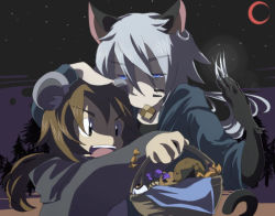 Rule 34 | 2boys, animal ears, basket, blue eyes, brown eyes, brown hair, cat boy, cat ears, cookie, crescent, crescent moon, debris (game), food, halloween, hand on head, height difference, kanmukuya, male focus, mikan muzou, moon, mouse ears, mouse tail, multiple boys, red moon, silver hair, soutarou (mikan muzou), tail, tatsuki (debris)