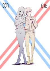 Rule 34 | 10s, 1boy, 1girl, :d, absurdres, belt, collared shirt, couple, darling in the franxx, gorgeous mushroom, hand on another&#039;s waist, high heels, highres, hiro (darling in the franxx), jacket, limited palette, long hair, long sleeves, nana (darling in the franxx), no socks, one eye closed, open clothes, open jacket, open mouth, pants, pointing, shirt, shoes, short hair, smile, standing, vest, watch, wristwatch