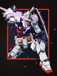 Rule 34 | absurdres, anime coloring, beam saber, black border, border, commentary, english commentary, fourth wall, fritz willie, glowing, glowing eye, gundam, highres, mecha, mobile suit, mobile suit gundam, no humans, outside border, photo-referenced, robot, rx-78-2, shield, solo, space, yellow eyes