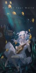 Rule 34 | 1girl, 6+others, absurdres, alternate costume, barefoot, blue eyes, blue hair, box, dress, english text, fish, full body, gawr gura, guitar, highres, hololive, hololive english, in water, instrument, jyuma, multicolored hair, multiple others, tail, two-tone hair, virtual youtuber, water, watermark, white dress, white hair