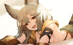 Rule 34 | 1girl, :d, animal ears, bad id, bad pixiv id, bare shoulders, black choker, breasts, choker, commentary request, erune, fangs, flower, granblue fantasy, grey hair, hair between eyes, hair flower, hair ornament, head tilt, highres, koretsuki azuma, long hair, looking at viewer, lying, medium breasts, on stomach, open mouth, red eyes, revision, sen (granblue fantasy), sideboob, smile, solo, teeth, white background, white flower