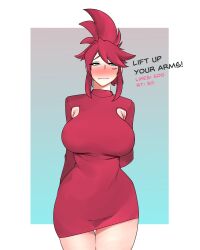 Rule 34 | 1girl, absurdres, arm behind back, armpit cutout, blue eyes, blush, breasts, brothbowl, closed mouth, clothing cutout, cowboy shot, dress, embarrassed, english text, hi-fi rush, highres, korsica (hi-fi rush), large breasts, long hair, nose blush, red dress, red hair, sidelocks, solo, standing