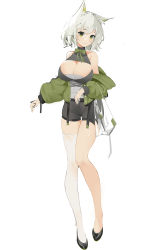 Rule 34 | 1girl, absurdres, animal ears, arknights, bare shoulders, black footwear, bob cut, breasts, cat ears, cleavage, cleavage cutout, clothing cutout, curryzcy, full body, garter belt, garter straps, green eyes, green jacket, grey hair, high heels, highres, jacket, kal&#039;tsit (arknights), large breasts, looking at viewer, medium hair, neck ribbon, ribbon, short shorts, shorts, simple background, single thighhigh, sketch, sleeveless, smile, thigh gap, thighhighs, white background, white hair, white thighhighs