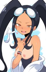Rule 34 | 1girl, :d, artist name, bare shoulders, between breasts, black hair, black one-piece swimsuit, blue one-piece swimsuit, blush, bracelet, breasts, breasts out, brown eyes, clothes pull, commentary, english commentary, floating, floating object, forehead, goggles, goggles on head, hand on own chest, heart, highres, jacket, jellcaps, jewelry, long hair, long sleeves, looking at viewer, medium breasts, nipples, off shoulder, one-piece swimsuit, one-piece swimsuit pull, one-piece tan, open clothes, open jacket, open mouth, original, pika (jellcaps), sidelocks, simple background, smile, solo, sweatdrop, swimsuit, swimsuit under clothes, tan, tanline, twintails, upper body, v-shaped eyebrows, very long hair, white background, white jacket