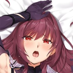 Rule 34 | 1girl, armor, armpits, blush, fate/grand order, fate (series), long hair, looking at viewer, lying, on back, open mouth, pauldrons, purple hair, red eyes, saliva, scathach (fate), scathach (fate), shoulder armor, solo, tears, teeth, tongue, torn clothes, yd (orange maru)