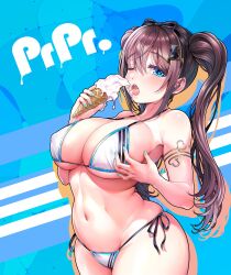 Rule 34 | 1girl, aqua eyes, arched back, armband, bikini, blush, breasts, brown hair, cat hair ornament, cleavage, collarbone, commentary request, covered erect nipples, curvy, eating, food, hair ornament, hair ribbon, highres, ice cream, ice cream cone, long hair, looking at viewer, medium breasts, navel, one eye closed, oomune tayuyu, open mouth, ribbon, side-tie bikini bottom, solo, standing, stomach, swimsuit, tama project, tongue, tongue out, twintails, underboob, v-mag, virtual youtuber, white bikini