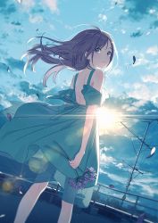 Rule 34 | 1girl, absurdres, aqua dress, backless dress, backless outfit, backlighting, bare shoulders, blue eyes, brown hair, closed mouth, cloud, cloudy sky, commentary, dress, dutch angle, flower, frilled dress, frills, hechima (issindotai), highres, holding, holding flower, lens flare, long hair, looking at viewer, looking back, original, petals, purple flower, radio antenna, ribbon, rooftop, shoulder blades, sky, smile, solo, standing, sun, sunlight, wind, wind lift