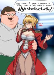 Rule 34 | 1boy, 1girl, :3, absurdres, arm around waist, blonde hair, blush, breasts, brown hair, cleavage, cleavage cutout, clothing cutout, collared shirt, commentary, crossover, dress, english commentary, english text, family guy, fat, fat man, fate (series), green eyes, green pants, grey shirt, hair behind ear, hair bun, hair intakes, highres, kowai (iamkowai), large breasts, looking at another, looking to the side, nero claudius (fate), nero claudius (fate) (all), open hand, open mouth, pants, peter griffin, red dress, shirt, single hair bun, speech bubble