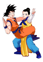 Rule 34 | 1boy, 1girl, :d, :o, arm up, biceps, black eyes, black hair, blue footwear, blue neckerchief, blue pants, blue sash, blue shirt, blue wristband, blush, boots, carrying, chi-chi (dragon ball), commentary request, dougi, dragon ball, dragonball z, eyelashes, hair bun, hand up, husband and wife, long sleeves, looking at viewer, neckerchief, open mouth, orange pants, pants, pny panya, sash, shirt, short hair, simple background, single hair bun, smile, son goku, spiked hair, standing, teeth, upper teeth only, v-shaped eyebrows, white background, white shirt, wristband