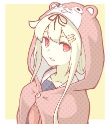 Rule 34 | 1girl, akara kai, animal costume, blonde hair, hair ornament, kantai collection, long hair, red eyes, school uniform, simple background, twintails, yellow background