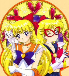 Rule 34 | 1990s (style), 2girls, aino minako, artemis (sailor moon), bishoujo senshi sailor moon, blonde hair, blue eyes, blue sailor collar, blue skirt, blush, bow, brooch, cat, choker, closed mouth, collarbone, crescent, crescent facial mark, dual persona, earrings, elbow gloves, facial mark, forehead mark, gloves, hair bow, half updo, head tilt, heart, heart brooch, jewelry, long hair, looking at viewer, magical girl, mask, midriff, mikiky, multiple girls, navel, neck, necklace, one eye closed, orange background, orange choker, orange sailor collar, pleated skirt, red bow, retro artstyle, sailor collar, sailor v, sailor venus, see-through, see-through sleeves, shoulder pads, side-by-side, skirt, smile, star (symbol), star choker, star necklace, super sailor venus, tiara, upper body, venus symbol, white cat, white gloves, wink