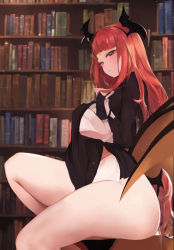Rule 34 | 1girl, ai-assisted, arano oki, bat wings, blunt bangs, book, book stack, bookshelf, head wings, holding, holding book, indoors, koakuma, ladder, library, light particles, long hair, red eyes, red hair, solo, touhou, very long hair, wings