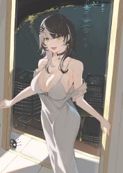 Rule 34 | 1girl, :d, absurdres, bare shoulders, black choker, black hair, blush, breasts, building, choker, cleavage, collarbone, cross, cross earrings, dimas (dimas79756948), dress, earrings, grey hair, hair ornament, hairclip, hashtag-only commentary, helipad, highres, hololive, hololive english, indoors, jewelry, lace, lace-trimmed choker, lace choker, lace trim, large breasts, light blush, long hair, looking at viewer, multicolored hair, open mouth, shiori novella, sidelocks, skyscraper, sleeveless, sleeveless dress, smile, solo, split-color hair, standing, streaked hair, two-tone hair, virtual youtuber, water, white dress, yellow eyes