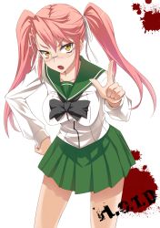 Rule 34 | 1girl, breasts, fang, glasses, hand on own hip, highschool of the dead, hip focus, large breasts, looking at viewer, open mouth, pink hair, pleated skirt, prime, school uniform, serafuku, skirt, solo, takagi saya, twintails, yellow eyes