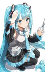 Rule 34 | 1girl, arm up, bare shoulders, black footwear, black skirt, black sleeves, blue eyes, blue hair, blue nails, blue necktie, blush, boots, breasts, closed mouth, collared shirt, commentary request, cutting hair, cutting own hair, detached sleeves, full body, grey shirt, hand on own head, hatsune miku, highres, holding, long hair, long sleeves, looking at viewer, nail polish, necktie, pentagon (railgun ky1206), pleated skirt, scissors, shadow, shirt, simple background, skirt, sleeveless, sleeveless shirt, small breasts, solo, squatting, thigh boots, tie clip, twintails, very long hair, vocaloid, white background, wide sleeves