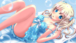 Rule 34 | 1girl, babydoll, blonde hair, blue background, blue eyes, blush, bow, bra, bubble, collarbone, commentary, highres, legs up, looking at viewer, lying, midriff, neats, off shoulder, on back, open mouth, original, pillow, polka dot, scrunchie, shirt, short sleeves, solo, strap slip, twintails, underwear, white bra