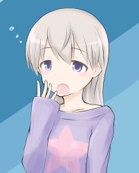 Rule 34 | 1girl, blush, collarbone, eila ilmatar juutilainen, grey hair, long sleeves, open mouth, purecats, purple eyes, sleeves past wrists, solo, strike witches, sweater, upper body, world witches series, yawning