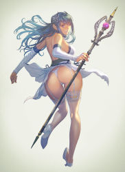 Rule 34 | 1girl, ass, backless dress, backless outfit, bare shoulders, blue hair, breasts, bridal gauntlets, commentary request, dress, fingernails, from behind, garter straps, gradient background, grey background, hair ornament, high heels, highres, holding, homare (fool&#039;s art), lips, looking at viewer, looking back, medium breasts, original, panties, purple eyes, shiny skin, short dress, simple background, solo, staff, thighhighs, thighs, thong, underwear, white footwear, white panties, white thighhighs