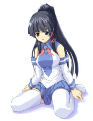 Rule 34 | 1girl, blue skirt, breasts, date (senpen), detached sleeves, large breasts, long hair, no shoes, os-tan, ponytail, sidelocks, simple background, sitting, skirt, solo, thighhighs, wariza, white background, white thighhighs, xp-tan, zettai ryouiki