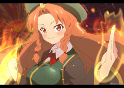 Rule 34 | 1girl, beret, braid, closed mouth, commentary request, green hat, hat, hat ornament, highres, hong meiling, kaisendonburi, letterboxed, long hair, long sleeves, looking at viewer, orange eyes, orange hair, parted bangs, side braids, smile, solo, star (symbol), star hat ornament, touhou, twin braids, twitter username, upper body