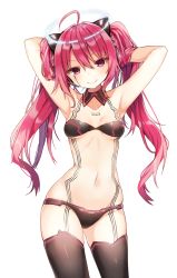 Rule 34 | 1girl, ahoge, armpits, arms up, bad id, bad pixiv id, bad twitter id, bikini, black bikini, black collar, black thighhighs, breasts, collar, detached collar, duplicate, grace (sound voltex), halo, highres, navel, pink eyes, pink hair, pixel-perfect duplicate, shnva, simple background, small breasts, smile, solo, sound voltex, sound voltex iii gravity wars, strapless, strapless bikini, swimsuit, thighhighs, twintails, white background